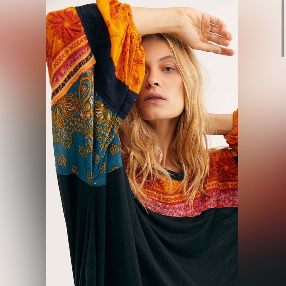 Free People Tripoli Boho Embroidered Frayed Edges Oversized Long Sleeve Top